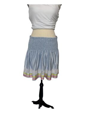 Lucky in Love Light Blue&White Striped Smocked Mini Skirt with Multicolor Hem